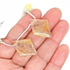 Golden Rutilated Quartz Drops Diamond Shape 26x20mm Drilled Beads Matching Pair