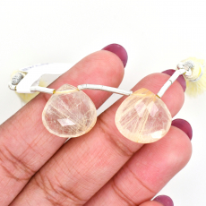 Golden Rutilated Quartz Drops heart Shape 15 X15mm Drilled Beads Matching Pair
