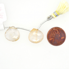 Golden Rutilated Quartz Drops heart Shape 15 X15mm Drilled Beads Matching Pair