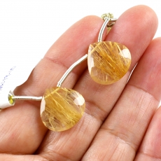 Golden Rutilated Quartz Drops Heart Shape 16x16mm Drilled Beads Matching Pair