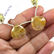 Golden Rutilated Quartz Drops Heart Shape 16x16mm Drilled Beads Matching Pair