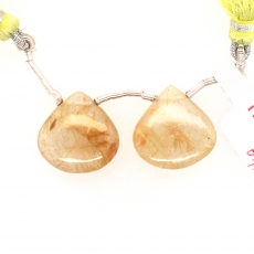 Golden Rutilated Quartz Drops Heart Shape 17mm Drilled Beads Matching Pair