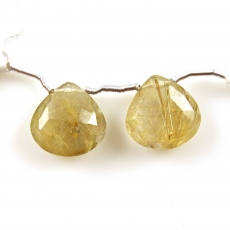 Golden Rutilated Quartz Drops Heart Shape 17x17mm Drilled Beads Matching Pair