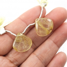 Golden Rutilated Quartz Drops Heart Shape 17x17mm Drilled Beads Matching Pair