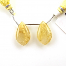 Golden Rutilated Quartz Drops Leaf Shape 23x14mm Drilled Beads Matching Pair