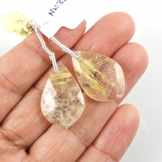 Golden Rutilated Quartz Drops Leaf Shape 25x16mm Front To Back  Drilled Beads Matching Pair