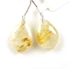Golden Rutilated Quartz Drops Leaf Shape 25x16mm Front To Back Drilled Beads Matching Pair