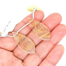 Golden Rutilated Quartz Drops Leaf Shape 32x14mm Drilled Beads Matching Pair