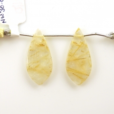 Golden Rutilated Quartz Drops Leaf Shape 32x14mm Drilled Beads Matching Pair