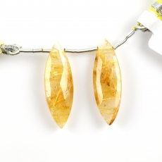 Golden Rutilated Quartz Drops Marquise Shape 30x9mm Drilled Beads Matching Pair