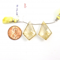 Golden Rutilated Quartz Drops Shield Shape 26x18mm Drilled Beads Matching Pair