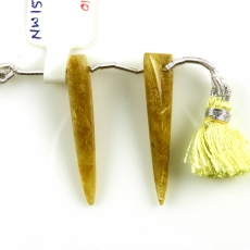 Golden Rutilated Quartz Drops Trillion Shape 33x8MM Front To Back Drilled Beads Matching Pair