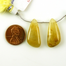 Golden Rutilated Quartz Drops Wing Shape 26x12mm Drilled Beads Matching Pair