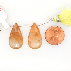 Golden Rutile Drops Almond Shape 26x14mm Drilled Bead Matching Pair