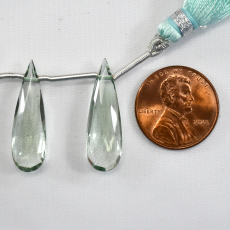 Green Amethyst Drops Almond Shape 26x8mm Drilled Beads Matching Pair