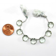 GREEN AMETHYST DROPS COIN 10MM DRILLED BEADS 7 PIECES LINE