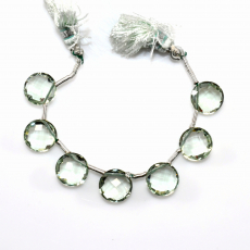 GREEN AMETHYST DROPS COIN 10MM DRILLED BEADS 7 PIECES LINE