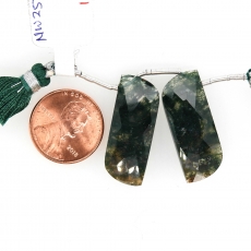 Green Moss Agate Drops Fancy Shape 27x11mm Drilled Beads Matching Pair
