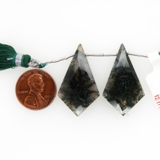 Green Moss Agate Shield Shape 32x17mm Drilled Beads Matching Pair