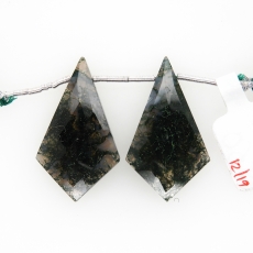Green Moss Agate Shield Shape 32x17mm Drilled Beads Matching Pair