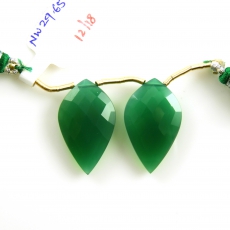 Green Onyx Drops Leaf Shape 26x16mm Drilled Beads Matching Pair
