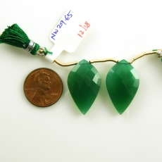 Green Onyx Drops Leaf Shape 26x16mm Drilled Beads Matching Pair