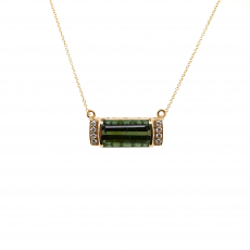 Green Tourmaline Baguette Shape 6.29 Carat Accent Diamond Pendant in 14K Yellow Gold ( Chain Not Included )