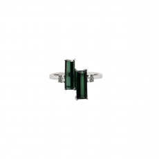 Green Tourmaline Baguette Shape Total Weight 1.70 Carat Ring with Accent Diamonds in 14K White Gold