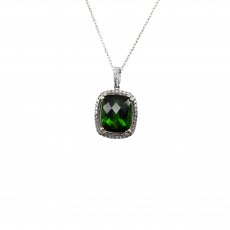 Green Tourmaline Emerald Cushion 4.49 Carat Accent Diamond Pendant in 14K White Gold ( Chain Included )