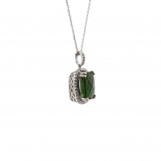 Green Tourmaline Emerald Cushion 4.49 Carat Pendant with Accent Diamond in 14K White Gold ( Chain Included )