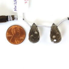 Honey Cave Cut Smoky Quartz Drops Briolette Shape24X10mm Drilled Beads Matching Pair
