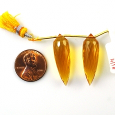 Hydro Citrine Drops Okra Shape 30x9MM Drilled Beads Matching Pair