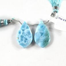 Larimar Drops Leaf Shape 29x16mm Drilled Beads Matching Pair