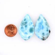 Larimar Drops Leaf Shape 39x23mm Drilled Beads Matching Pair