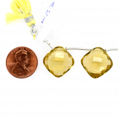 Lemon Quartz  Drops Cushion Shape 15.5mm Drilled Beads Matching Pair