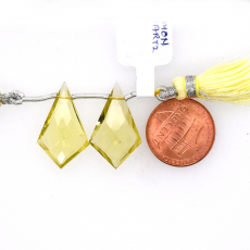 Lemon Quartz Drop Shield Shape 25x14mm Drilled Bead Matching Pair