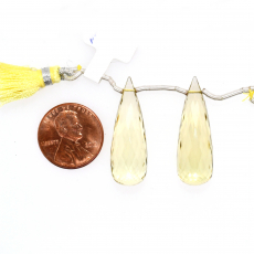 Lemon Quartz Drops Briolette Shape 30X10mm Drilled Beads Matching Pair