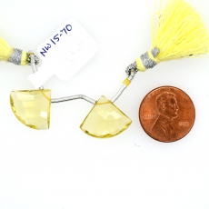 Lemon Quartz Drops Fan Shape 15X17mm Drilled Beads Matching Pair
