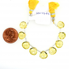 Lemon Quartz Drops Heart Shape 10x10mm Drilled Beads 9 Pieces Line