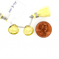 Lemon Quartz Drops Heart Shape 12x12mm Drilled Beads Matching Pair
