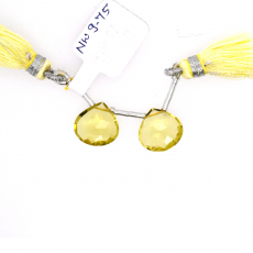 Lemon Quartz Drops Heart Shape 12x12mm Drilled Beads Matching Pair