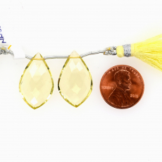 Lemon Quartz Drops Leaf Shape 25x15mm Drilled Bead Matching Pair