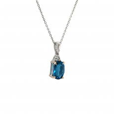 London Blue Topaz Oval 0.85 Carat Pendant with Accent Diamonds in 14K White Gold ( Chain Not Included )