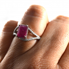 Madagascar Ruby Emerald Cut 2.95 Carat Ring In 14K White Gold With Accented Diamonds