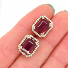 Madagascar Ruby Emerald Cut 5.40 Carat Earrings with Accent Diamonds in 14K Yellow Gold