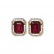 Madagascar Ruby Emerald Cut 5.40 Carat Earrings with Accent Diamonds in 14K Yellow Gold