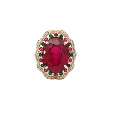 Madagascar Ruby Oval 9.31 Carat Ring In 14K Yellow Gold with Accent White Diamond, Ruby and Emerald (RG5262)
