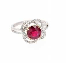 Madagascar Ruby Round 1.75 Carat With Accent Diamonds Double Halo Ring In 14k Dual Tone ( White / Yellow ) Gold