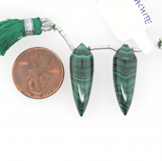 Malachite Drops Okra Shape 26x9mm Driled Beads Matching Pair