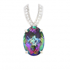 Mystic Topaz Oval Shape 9.27 Carat Pendant In14K White Gold With Accent Diamonds